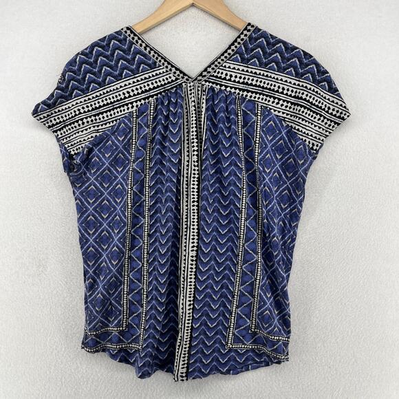 LUCKY BRAND Blouse M Chevron Double V-Neck Button Up Boho Tribal Cap Sleeve Blue - Picture 2 of 13
